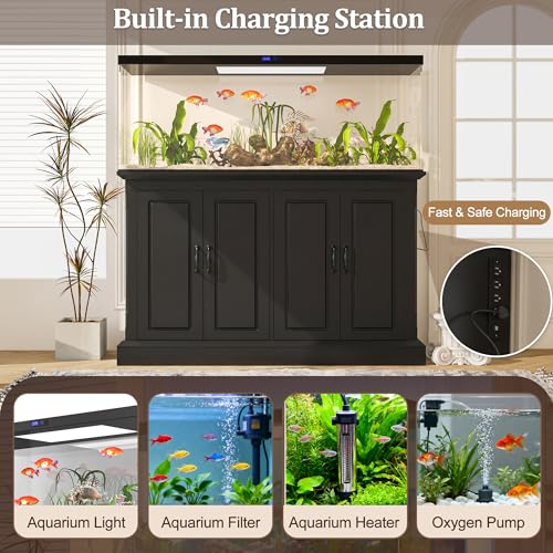 JIJIWANG 55-75 Gallon Fish Tank Stand with Power Outlet, 4-Cabinet Reptile Tank Stand for Turtle Terrarium, Heavy Duty, Black - color: Black, size: 50"L x 20"W x 36.2"H