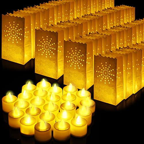 Sabary 50 Sets Luminary Bags with Flameless Tea Lights Outdoor Luminaries LED Lantern Candle Bags for Wedding Birthday Ramadan Christmas Party Decorations Romantic Decor(Sun) - style: Sun
