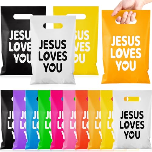 Kolldenn 200 Pcs Christian Gift Bags Bulk Jesus Loves You Religious Baptism Plastic Gift Bags with Handles Colorful Bible Verse Candy for Jesus Birthday Party Sunday School