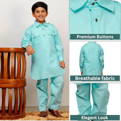 Pro-Ethic Style Developer Boys Cotton Pathani Kurta set for kids | Indian Traditional wear (S-216) - color: Firozi, size: 6-7 Years