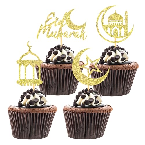 24 Pcs Gold Eid Mubarak Cupcake Toppers, Glitter Ramadan Mubarak Cupcake Picks Eid Decoration for Cake, Ramadan Decoration 2026 (Gold) - color: Gold