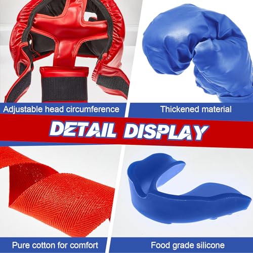 Kanayu 12 Pcs Kids Boxing Equipment Set for Beginners Ages 6-18 Years Including Boxing Helmet and Gloves Hand Wraps Sport Mouthguards Taekwondo Sparring Gear for Kids and Children - color: Blue, Red