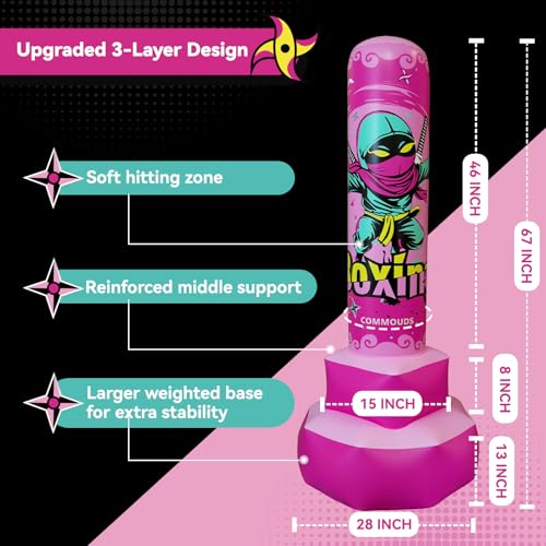 COMMOUDS 67inch Punching Bag for Kids, Inflatable Kids Boxing Set with Gloves, Fast Rebound Punching Bag for Practicing Karate, Taekwondo, MMA, Christmas/Birthday Gift for Boys Girls, Ages 6-14 - color: Pink