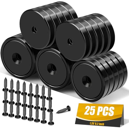 E BAVITE Strong Neodymium Magnets with Screws Black, 25 Pack | 110 Lbs Rare Earth Magnets with Heavy Duty, Cup Magnet with Countersunk Hole and Stainless Screws for Kitchen, Craft, Office - color: Black, size: 32mm-25P