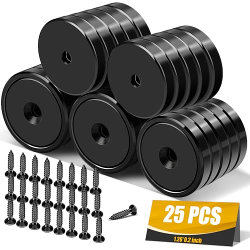 E BAVITE Strong Neodymium Magnets with Screws Black, 25 Pack | 110 Lbs Rare Earth Magnets with Heavy Duty, Cup Magnet with Countersunk Hole and Stainless Screws for Kitchen, Craft, Office - color: Black, size: 32mm-25P