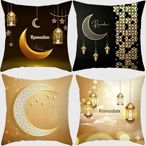 Eid Mubarak Pillow Covers, 4 Pack 18 x 18 Inches, Soft Throw Cushion Covers with Crescent Moon and Lantern Pattern, Home Sofa Couch Decor for Ramadan and Eid al-Adha, Inserts Not Included - color: Golden