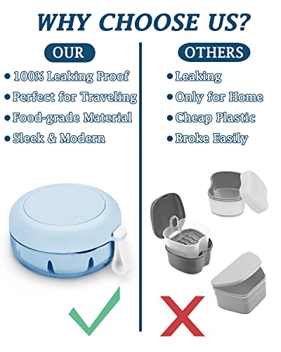 Denture Case, Definitely No-Leak Denture Bath Box for Traveling Perfectly, Denture Cup with Strainer & Magnetic Mirror,Completely Clean Care for Retainer, Mouth Guard, & Denture - color: Blue