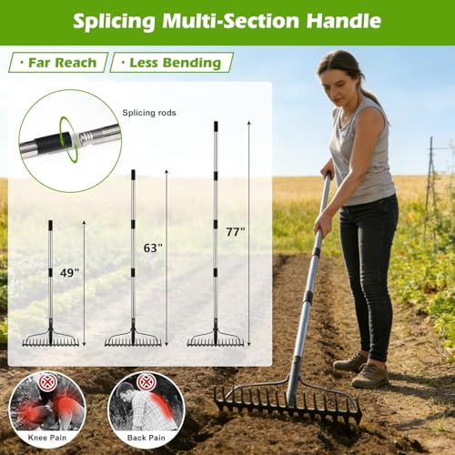 Bow Rake,Heavy Duty Metal Garden Rake for Moving Gravel Loosening Soil Leveling Ground Gathering Leaf Debris Spreading Mulch, 17 Tines,Adjustable Handle, for Lawn Garden Farm Landscape Work (77") - style: 77"