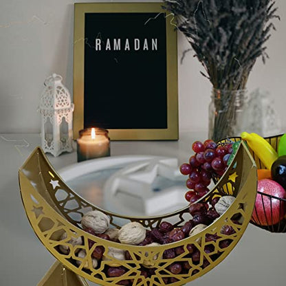 KYMY Ramadan Eid Mubarak Dessert Tray, Moon Star Metal Plate Tray for Islamic Muslim Festival Party, Dessert Food Fruit Storage Tableware for Ramadan and EID Mubarak (Moon)