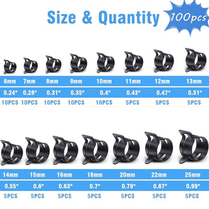 100Pcs 6-25mm Spring Band Hose Clamps With Swivel Flat Hose Clamp Plier Assortment Kit, Constant Tension Steel Clamps for Fuel Lines, Silicone, Vacuum Hoses & Low-Pressure Air Clips - size: 100pcs with Plier