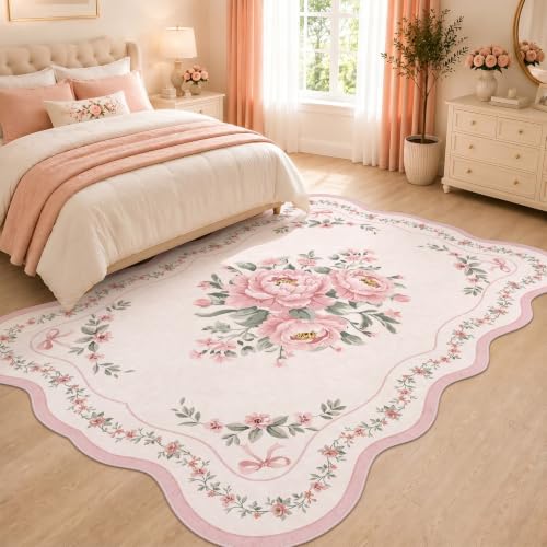 Scalloped Pink Floral Rug for Bedroom Girls, 6x9 Washable Area Rug for Living Room, Soft Non-Slip Low Pile Carpet for Nursery, Playroom, Dorm or Kids Room - color: Pink, size: 6' x 9' (Rectangular)