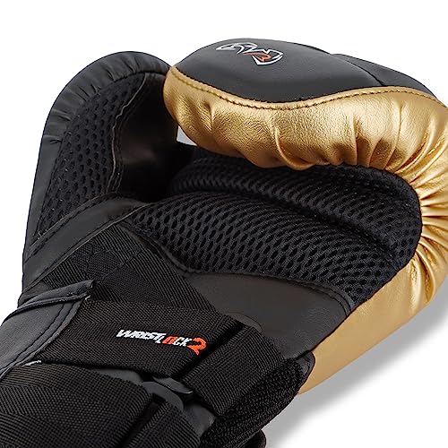 RIVAL Boxing RB10 Intelli-Shock Bag Gloves, Hook and Loop Closure - Ergonomic Fit, 1.25” of Closed Cell Foam for Intense Bag Use - color: Black/Gold, size: Medium