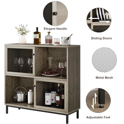 IDEALHOUSE Coffee Bar Cabinet, Farmhouse Sideboard Buffet Cabinet with Storage, Wine Liquor Bar Cabinet with Metal Sliding Door, Wood Accent Cabinet for Kitchen, Dining Room, Living Room, Grey