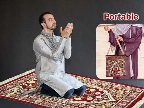 Red 2'4" x 3'7" Traditional Floral Low Pile Nylon Prayer Rug, with Elegant Design Bags, Soft, Non-Slip, Water-Resistant, Perfect for Prayer, Ramadan, Eid al Fitr, Gift