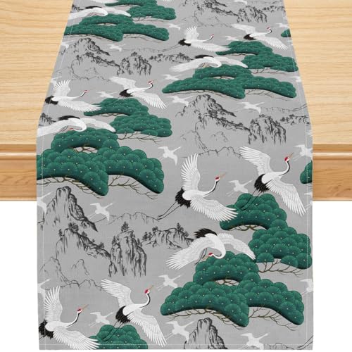 Crane Table Runner, Oriental Asian Art Mountain Pine Tree and Flying Crane Pattern Linen Dining Table Runner, Washable Vintage Table Decoration for Kitchen, Wedding, Party, 13×36 Inch - color: Japanese Crane_2, size: 13x36inch