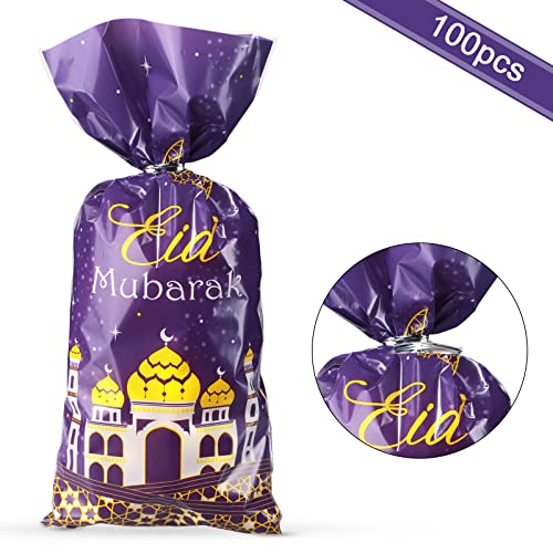 Blulu 100 Pcs Eid Mubarak Party Treat Bags, Ramadan Theme Printed Pattern Gift Cellophane Clear Plastic Goodie Favor Bags with Silver Twist Ties for Eid Mubarak Party (Purple Gold)