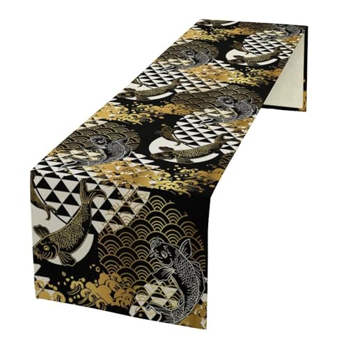Japanese Koi Fish Table Runner, Asian Oriental Chinese Golden Black White Sea Wave Geometric Art Table Runner for Kitchen Dining Wedding Banquet Party Decor, 13x36inch - color: Asian-20, size: W13"x L36"