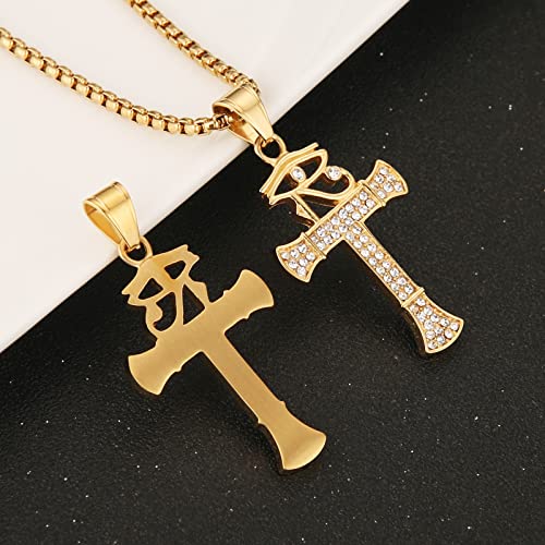 HZMAN CZ Eye of Horus Egypt Protection Pendant Coptic Ankh Cross Religious Stainless Steel Necklace - color: Gold-New