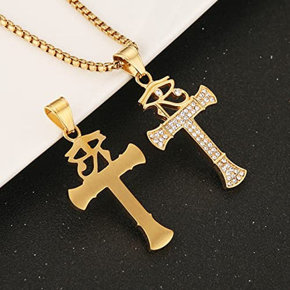 HZMAN CZ Eye of Horus Egypt Protection Pendant Coptic Ankh Cross Religious Stainless Steel Necklace - color: Gold-New