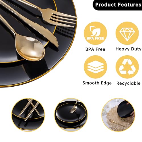 MirthMood 350Pcs Black and Gold Disposable Plates,Black Plates, Black and Gold Plates Include 30 Dinner,Dessert Plate,30 Cup&30 Napkins, 90 Gold Silverware for Wedding & Party & Birthday - color: Black, size: 350