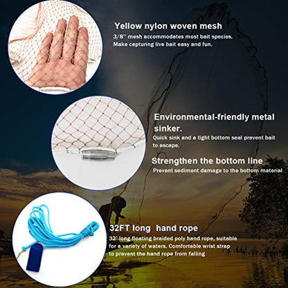 Saltwater American Fishing Cast Net 3/8inch Mesh Size for Bait Shrimp Trap Fish Heavy Duty Sinkers Throw Net 3FT/4FT/5FT/6FT/7FT/8FT/9FT/10FT Radius - color: yellow, size: 6FT Radius, style: Zinc-iron--tire Lines -3/8" Mesh 1lb/Ft