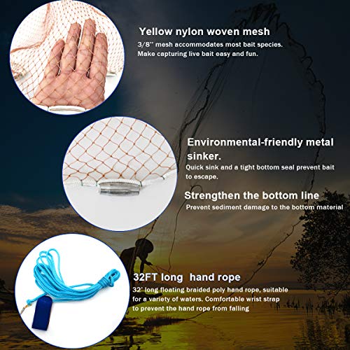 Saltwater American Fishing Cast Net 3/8inch Mesh Size for Bait Shrimp Trap Fish Heavy Duty Sinkers Throw Net 3FT/4FT/5FT/6FT/7FT/8FT/9FT/10FT Radius - color: yellow, size: 7FT Radius, style: Zinc-iron--tire Lines -3/8" Mesh 1lb/Ft