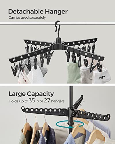 SONGMICS 2단 의류 건조대, 182.9cm(72인치) 접이식 세탁 건조대, 행거용 회전 가능한 팔 3개, 클립 24개, 스테인리스 스틸, 옷 27피스용, 블랙 ULLR512B01 - color: 블랙., style: 2단 클립
