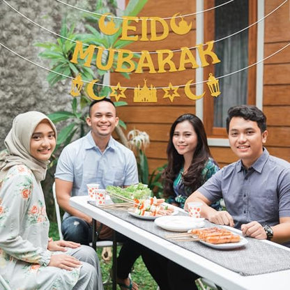 Gold Glitter Eid Mubarak Banner and Garland Set, Pre-Assembled Islamic Party Decor with Mosque Lantern Moon Star for Eid al-Fitr Home Wall Festival Decorations