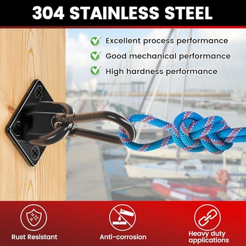 sprookber 304 Stainless Steel Pad Eye Snap Hooks, M8 Heavy Duty Ceiling Hooks, 1200 lb Capacity Hammock Swing Hanging kit, Plant Hangers, Marine Hardware Staple Hook Loop with Screws, Set of 8(Black) | Hanging Kit with Screws for Hammock Chair Swing, Yoga