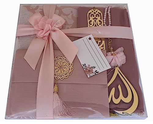 SAIKA Muslim Prayer Rug, 7 in One Gift Set, Prayer Mat Surah Book, Tasbeeh, Scarf, Surah Case, Bookmark, Car Mirror Hanger, Prayer Beads,Islamic Gift for Umrah, Hajj, Wedding, Janamaz (Rose) - color: Rose