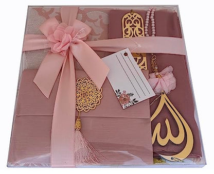 SAIKA Muslim Prayer Rug, 7 in One Gift Set, Prayer Mat Surah Book, Tasbeeh, Scarf, Surah Case, Bookmark, Car Mirror Hanger, Prayer Beads,Islamic Gift for Umrah, Hajj, Wedding, Janamaz (Rose) - color: Rose