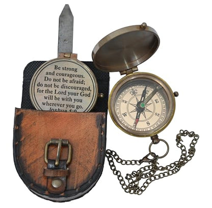 Vintage Brass Compass Engraved with Joshua 1:9 – “Be Strong and Courageous” Christian Gift for Men, Graduation, Baptism & Confirmation – Antique Nautical Compass with Leather Box