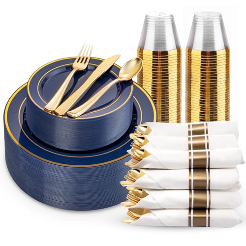 WDF Partyware 175PCS Blue and Gold Plastic Plates - Navy Blue Plates with Pre Rolled Napkins for Party - 25Guest Disposable Dinnerware Sets for Party/Birthday/Wedding - color: Blue and Gold, size: 175PCS