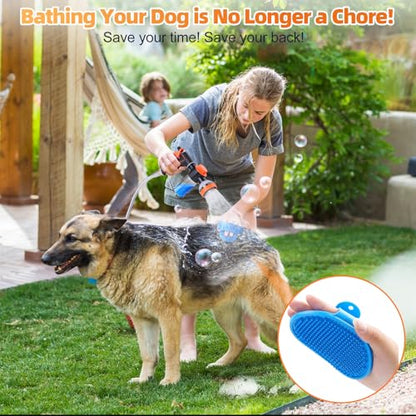 Dog Shower Attachment with Soap Dispenser, Upgraded Dog Washing Hose Attachment for Pet Bathing, High Pressure Foam Sprayer with 10 Spray Modes and Grooming Brush