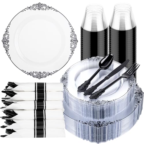 Hioasis 175 Pcs Clear Black Plates for Party - color: Clear and Black