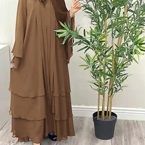 Muslim Abaya Dress for Women - Long Sleeve Islamic Dubai Abaya Cardigan Robe - Middle East Prayer Dress with Hijab - color: #A: Brown, size: Large