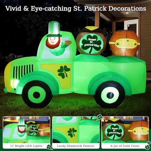 Lewondr 7.87FT St Patricks Day Inflatable Outdoor Decorations, Inflatable Leprechaun Drive a Car with Shamrocks, Blow up Yard Decoration with 11 Build-in Lights for Holiday Party Yard Lawn Garden - style: Green Car