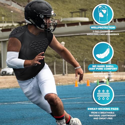 TUOY Adult Rib Chest Protector, New Version - Padded 5 Pads Baseball Football Lacrosse Rib Heart Sternum Guard - color: RY-Black, size: X-Large