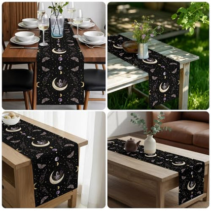 Whimsical Moon Table Runner Mysterious Dark Cosmic Crystal Purple Moths Flower 13x72 Inches Long Cotton Linen Table Runner Burlap Style for Dinner Table Party Decor Tabletop Decorations - size: 13" x 72"