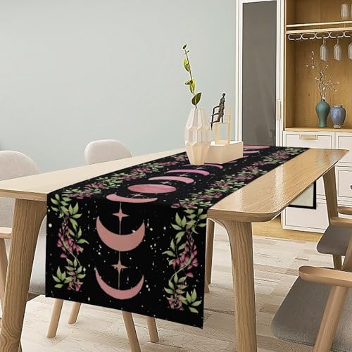 Moon Phase Wisteria Table Runner,Pink Stars Boho Floral Wildflower Moonlit Gothic Kitchen Table Decoration for Holiday Party Study Living Bedroom Dresser Cabin Cafe Wedding Decor 13×60in