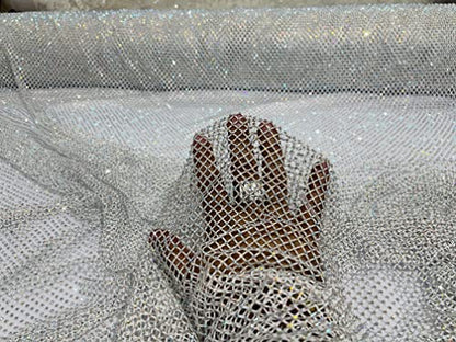 New Creations Fabric & Foam Inc, 45" Wide AB Iridescent Rhinestone On Soft Stretch Fish Net Fabric by The Yard (1 Yard, Iridescent Rhinestones on White Mesh) - color: Iridescent Rhinestones on White Mesh