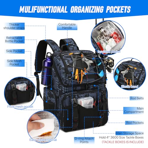 Fishing Backpack, 45L Large Cooler Fishing Tackle bag with Rod Holders & Rain Cover, Water-resistant Store Gear(With 4 Tackle Boxes) - color: Black Camo(With 4 Tackle Boxes)