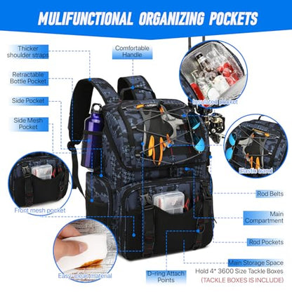 Fishing Backpack, 45L Large Cooler Fishing Tackle bag with Rod Holders & Rain Cover, Water-resistant Store Gear(With 4 Tackle Boxes) - color: Black Camo(With 4 Tackle Boxes)