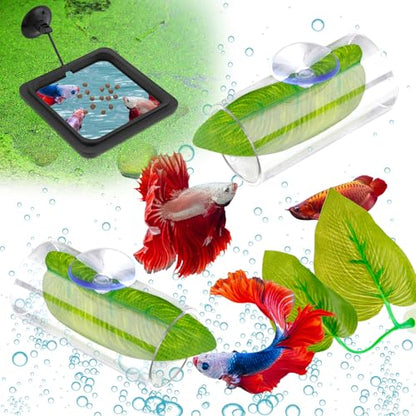 Betta Fish Aquarium Decorations, 2pcs Acrylic Tunnel & 2pcs Plastic Leaf & Square Feeding Ring Tank Accessories for Playing Hiding