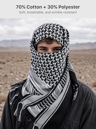 FREE SOLDIER Scarf Military Shemagh Tactical Desert Keffiyeh Head Neck Scarf Arab Wrap with Tassel for Men Women - color: Dark White
