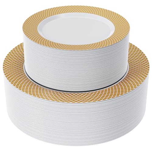 FOCUSLINE Gold Plastic Plates Set, 102 Disposable Plates with Gold Grid Rim - color: 102Pack Gold Plastic Plates