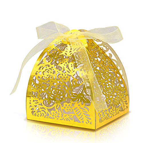 KPOSIYA Pack of 100 Laser Cut Rose Candy Boxes, Favor Boxes 2.5"x 2.5"x 3.1", Gift Boxes Bridal Shower Anniverary Birthday Party Wedding Favor (100,Metallic Gold) - color: Metallic Gold, size: 1 Count (Pack of 100)
