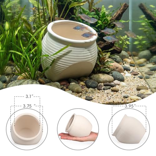 Fish Tank Ceramic Clay Pot for Hiding, Betta Fish Goldfish Hideout Aquarium Decorations, White