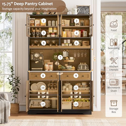 HOSTACK 75" Kitchen Pantry Storage Cabinet, Coffee Bar Hutch Cabinet, Brown | Tall Pantry Cabinet with Charging Station / Wide Countertop / Glass Doors / Wine Rack / Cup Holder / Drawers, Dining Room - color: Black/Brown