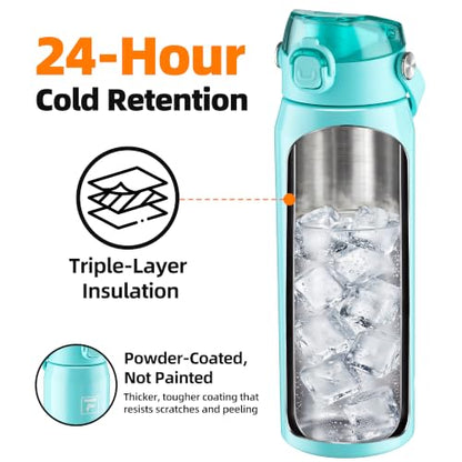 Fanhaw 24 oz Insulated Stainless Steel Water Bottle with 2-in-1 Straw& Chug Lid, Leakproof Wide Mouth Vacuum Bottle for School, Sports, Kids, Teens& Adults, Back to School Essentials (Tif Blue) - color: Tif Blue